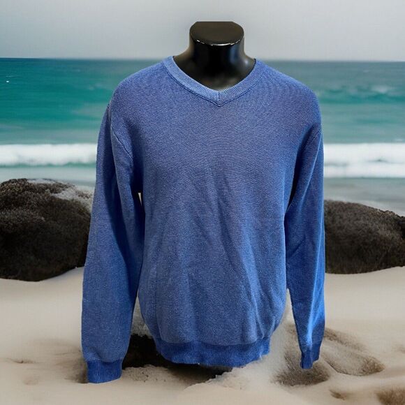 TALBOTS MENS VTG BLUE COTTON V-NECK LONG SLEEVE SWEATER MED Coastal Preppy - Picture 1 of 13
